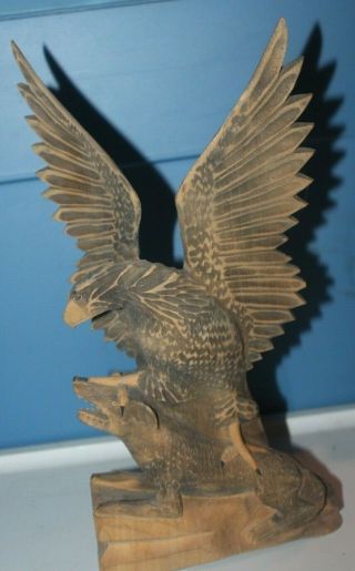 Vintage American Eagle With Wolf Figurine Hand Carved Wooden Bird Statue 13 "