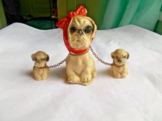 3 Piece Vintage Dog W/ Mumps Scarf & Puppies On Chain Figurines Shih Tzu Maltese