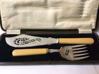 Victorian Fish Knife &fork Serving Set - Silverplate,  Faux Bone Handle W/case