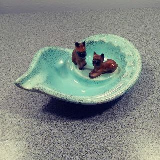 Turquoise Speckled Boxer Dogs Puppies Made In Japan Ceramic Mcm Vintage Ashtray