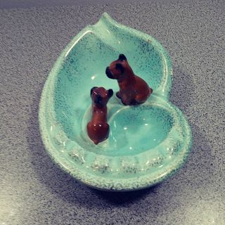 Turquoise Speckled Boxer Dogs Puppies Made In Japan Ceramic MCM Vintage Ashtray 3