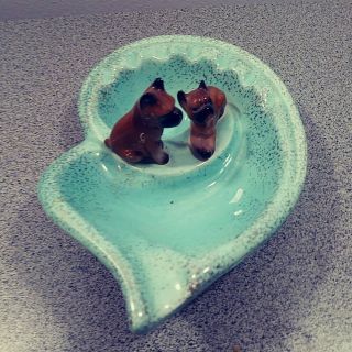 Turquoise Speckled Boxer Dogs Puppies Made In Japan Ceramic MCM Vintage Ashtray 5