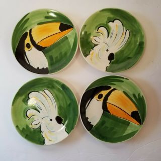 4 Retired Pottery Barn Salad Dessert Plates Bird Cockatoo Toucan