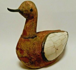 Antique Wood Duck Statue Decoy With Sea Shell Wings Plus Brass