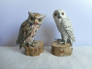 Vintage Wood Carved Mini Owl Statues Figurines John Madison 3.  25 " Tall Base Tag
