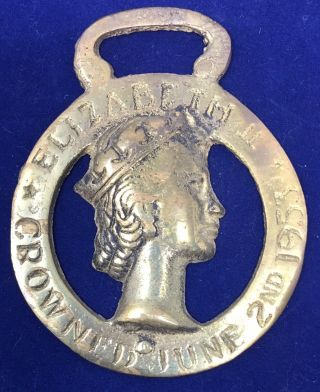 Vintage Horse Bridle Harness Brass Medallion Queen Elizabeth Ii Crowned 1953