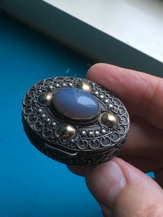 Silver Hinged Oval Pill Box With Stone And Filigree,  925