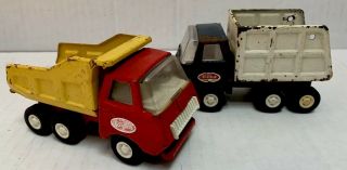 2 Vintage Diecast Tonka Mini Red Yellow Dump Truck & Blue White Garbage 5” Long