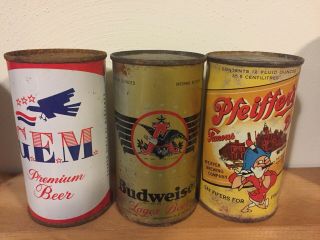 (3) Flat Top Beer Cans,  G.  E.  M.  Bubweiser Oi,  Irtp & Pfeiffer’s