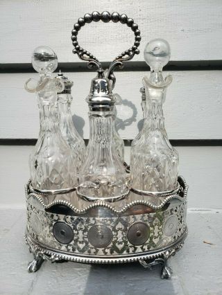 Victorian 6 Piece Silverplate Cut Glass Cruet Set Makers Mark Gadroon & Footed