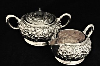 E G WEBSTER SILVER PLATE EMBOSSED REPOUSSE FLORAL HIGH RELIEF CREAMER SUGAR 2