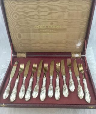 Vintage 12 Pc Luncheon Set Solingen Silver Gold Wash Knives Forks