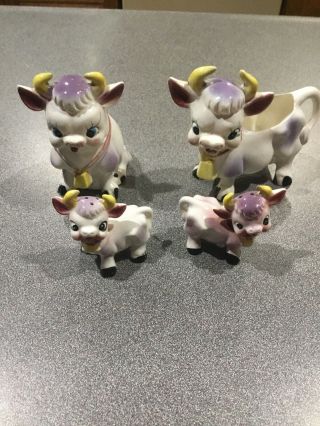Vintage Cows Creamer And Sugar And Salt And Pepper Shakers