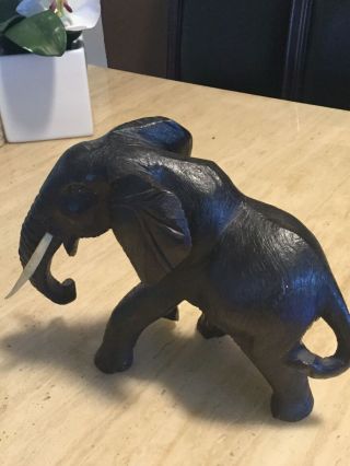 Vintage Hand Carved Wood Elephant With Tusks