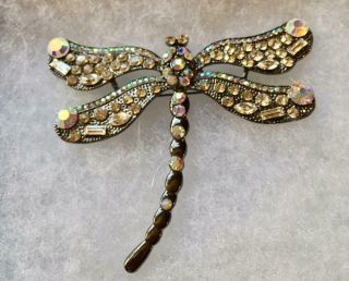 Clear And Aurora Borealis Crystals In Dragonfly Pin Brooch Pendant