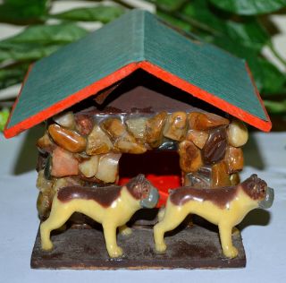 Vintage Celluloid Bulldog Figures & Stone Pebble Hand Crafted Primitive Doghouse