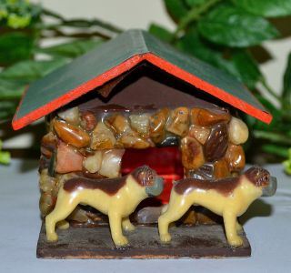 VINTAGE CELLULOID BULLDOG FIGURES & STONE PEBBLE HAND CRAFTED PRIMITIVE DOGHOUSE 2