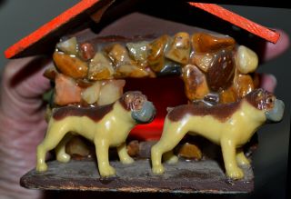 VINTAGE CELLULOID BULLDOG FIGURES & STONE PEBBLE HAND CRAFTED PRIMITIVE DOGHOUSE 3
