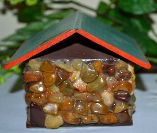 VINTAGE CELLULOID BULLDOG FIGURES & STONE PEBBLE HAND CRAFTED PRIMITIVE DOGHOUSE 5