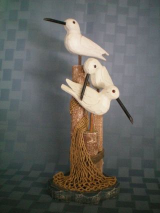 White Birds On Piling Pier Posts - Hand Carved Wooden Sculpture - Collectible