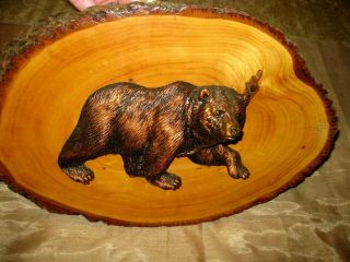 Vintage Realistic Raised 7 1/2 " Bear On 14 1/2 " Wood Slab With 1 " Bark Picture