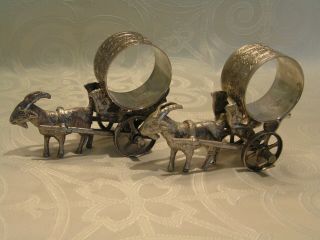 Antique 2 Silver Plate Figural Napkin Rings Goats & Carts / Wheels Move