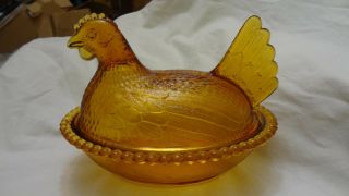 Vintage Indiana Glass Amber Chicken Hen On Nest Covered Candy Dish