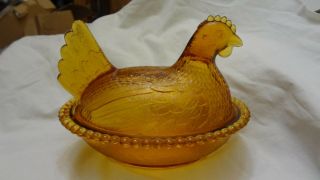 Vintage Indiana Glass Amber Chicken Hen on Nest Covered Candy Dish 3