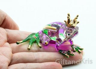 Figurine Animal Hand Blown Glass Amphibian Frog With Crown Gold Trim - Gpfr104