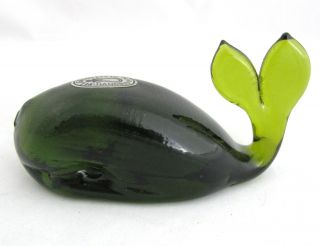 Vintage Olive Green Glass Whale Figurine Paperweight Pilgrim Hanf Blown Art