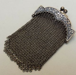 Antique Sterling Silver Mesh Coin Purse Chatelaine Black Enamel French Chain