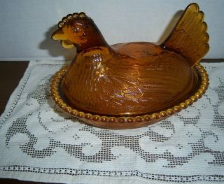 Vintage Brown Amber Indiana Glass Hen On A Nest Candy Dish W/ Lid