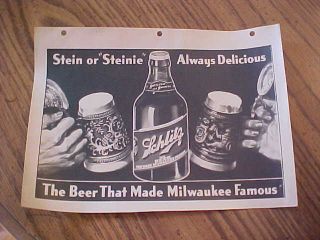 1937 Advertising Schlitz Beer Stein Or Steinie Brown Bottle Always Delicious