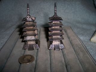 Pagoda Salt And Pepper Shaker Set Sterling Silver Oriental Japan Souviner 950