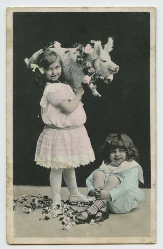 C 1910 Child Children Cute Little Girl W/ Toy Pig Binky Photo Postcard