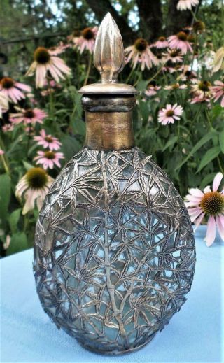 Antique Bamboo Design Silver Overlay Decanter Bottle Pinch Dimple Asian 10 " Tall