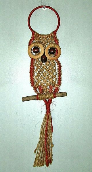 Vintage Boho Macrame Owl Wall Hanging Jute Wood Decor 15 "