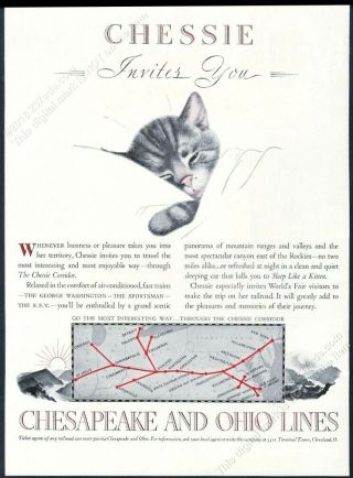 1937 Chessie Sleeping Kitten Art Chesapeake & Ohio Lines System Map Print Ad