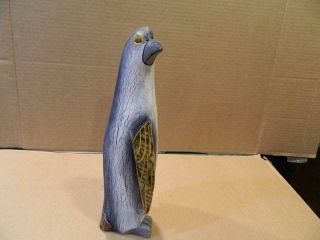 Hand Carved Drift Wood Penguin Figurine Gold Trimmed Wings Vintage
