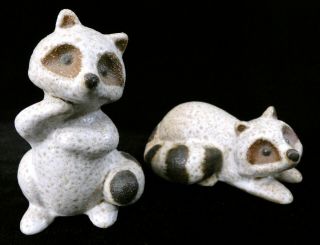 2 Vintage Schmid Bros.  Raccoon Figurines Ceramic Salt Glaze? 3 "