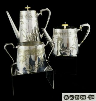 Vintage Art Deco H&s 3 Piece Tea Set Sugar Tepot Coffee Pot Chased Silver Plated