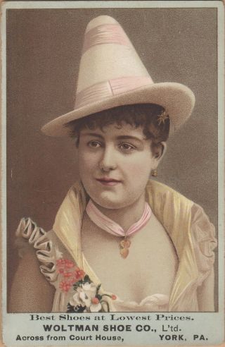 Large Victorian Trade Card - Woltman Shoe Co - York,  Pa - Fancy Dressed Woman