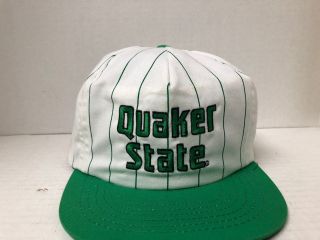 Vtg Quaker State Racing White Green Pinstripes Embroidered Trucker Snap Back Hat