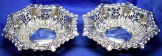 Pair Edwardian Solid Silver Octagonal Repousse Dishes Hazlewood & Co B 