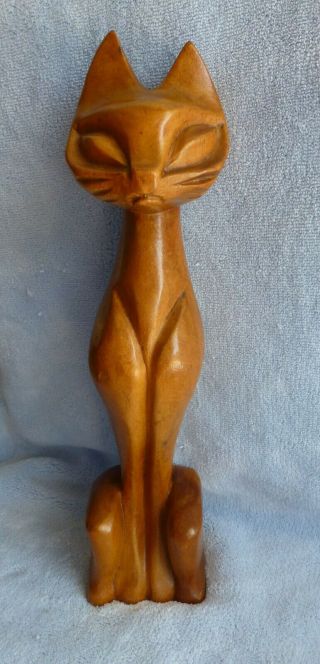 Vintage Hand Carved Solid Wood Cat Figurine Large Wooden Cat 10 " Statue