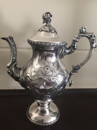 Antique Silver Plate Victorian Art Nouveau Style Coffee Pot Embossed Repousse