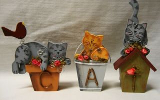 Vintage Wooden Cat Figures Spell C A T Set Of 3 Hand Painted
