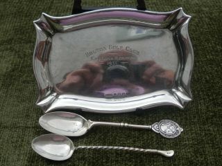 Large Rectangular Solid Silver Ash Tray,  Golfing Interest & Two Golfing Spoons