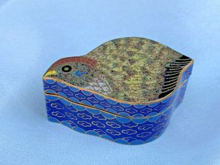Vintage Small Enamel Bird Shaped Box 2.  5 " Quail Purple Blue Patterned Sides