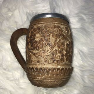 Antique Vintage Hand Carved Ornate Wood Wooden Beer Stein Mug Metal Lined